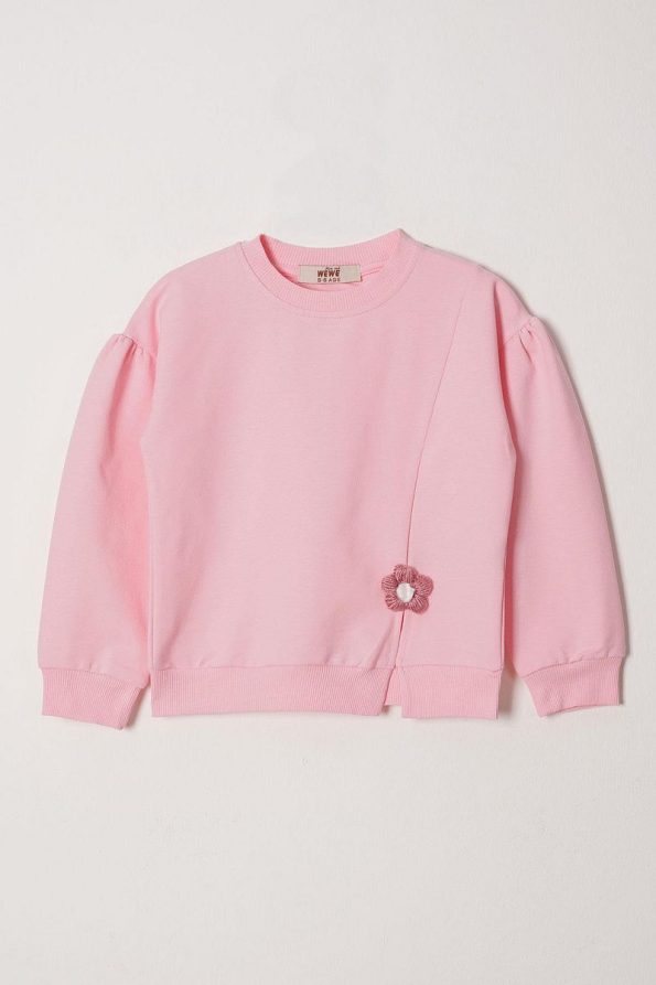 Zepkids Long Sleeve Round Neck Ripped Daisy Detail Light Pink Girls Tracksuit