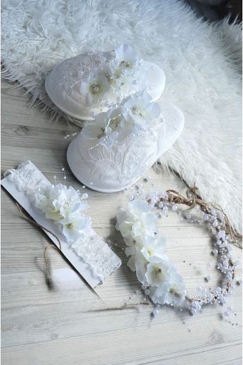 Colorful Little Ones White Floral Pearl Motherhood Slipper Crown & Baby Headband Set