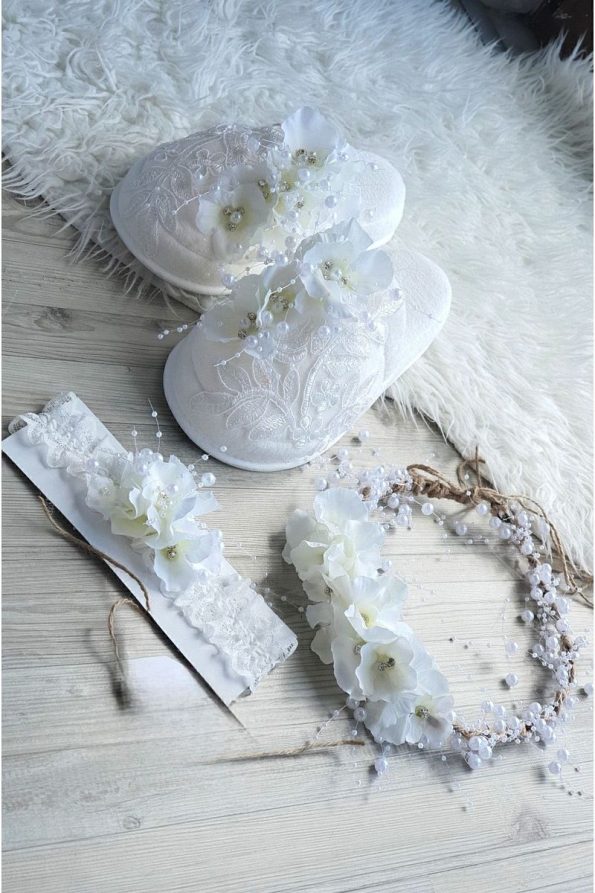 Colorful Little Ones White Floral Pearl Motherhood Slipper Crown & Baby Headband Set