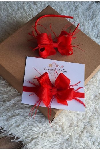 Colorful Little Ones Red Feather Ribbon Bow Mother Baby Crown Set