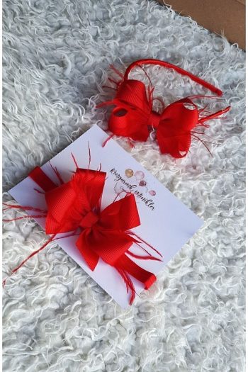 Colorful Little Ones Red Feather Ribbon Bow Mother Baby Crown Set