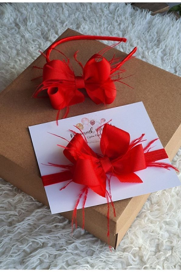 Colorful Little Ones Red Feather Ribbon Bow Mother Baby Crown Set