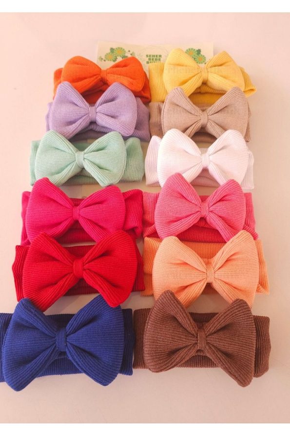 SeherBebeButik Girls' Baby and Children's Ribbed Bow Headband 12-Piece Set