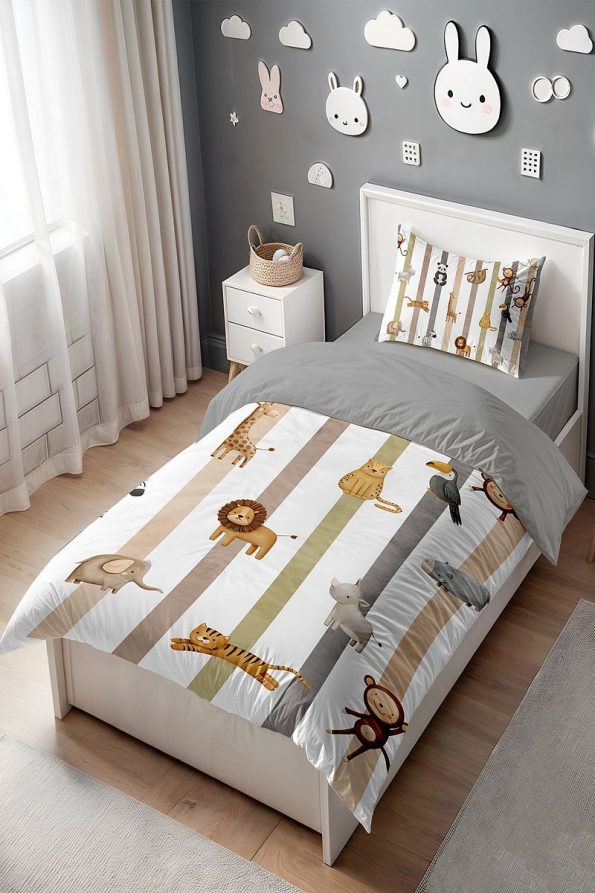Evpanya Stripes and Animals Pattern Single Baby Kids Bedding Set
