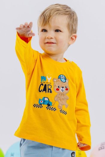 Breeze Baby Boys Long Sleeve Shirt with Bear Print and Embroidery, Yellow