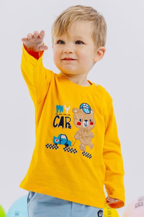 Breeze Baby Boys Long Sleeve Shirt with Bear Print and Embroidery, Yellow