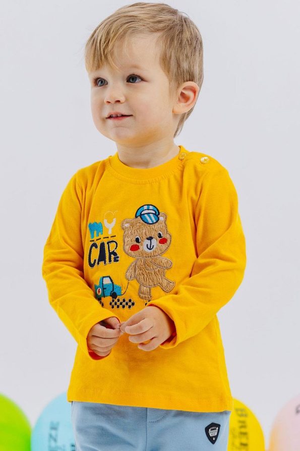 Breeze Baby Boys Long Sleeve Shirt with Bear Print and Embroidery, Yellow