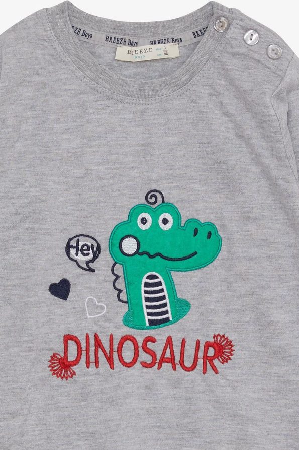 Breeze Boys Long Sleeve Dinosaur Embroidered T-Shirt Grey Melange 9 Months - 3 Years