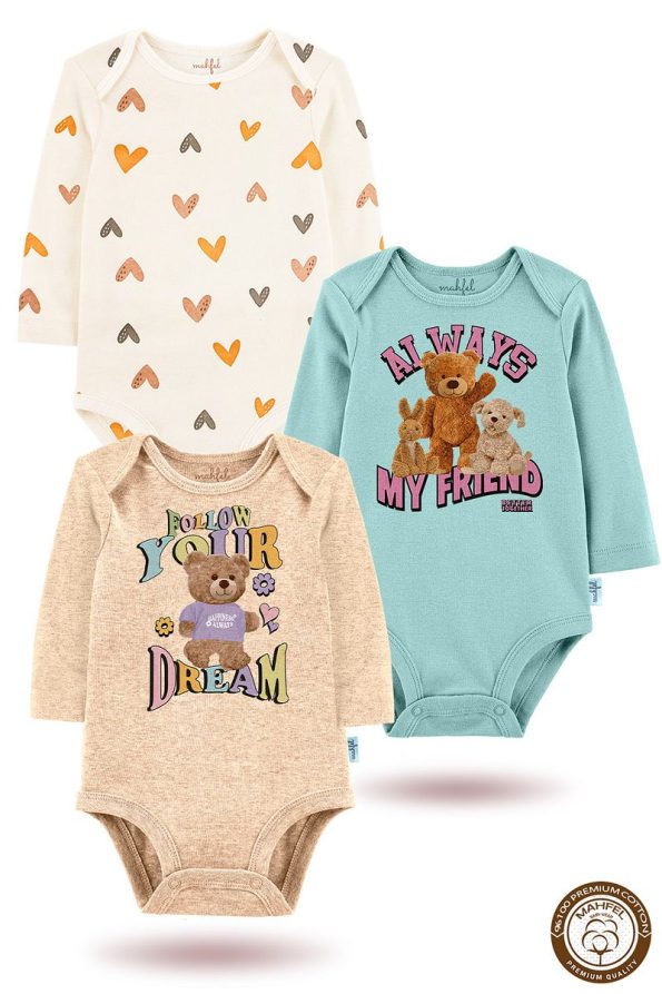 MAHFEL 100% Cotton 3-Pack Organic Printed Snap Bodysuits