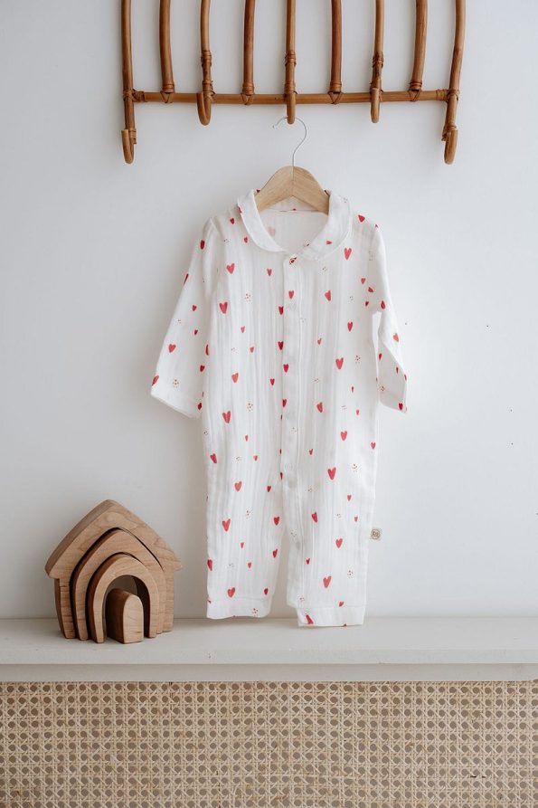 Muslin Baby Romper | Red Hearts