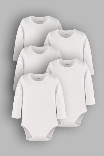 Overoz Organic 100% Cotton Long Sleeve Basic White Baby Bodysuits Pack of 5
