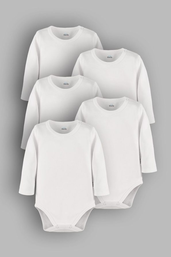 Overoz Organic 100% Cotton Long Sleeve Basic White Baby Bodysuits Pack of 5