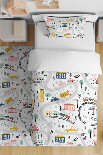 Evpanya White City Traffic Pattern Twin Bedding Set