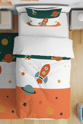 Evpanya Retro Green Orange Space Vehicle Pattern Single Bed Set