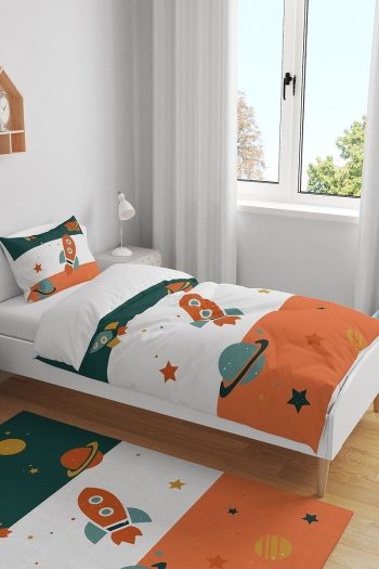 Evpanya Retro Green Orange Space Vehicle Pattern Single Bed Set