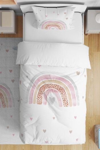 Evpanya Pink Heart Rainbow Pattern Single Bed Set for Kids