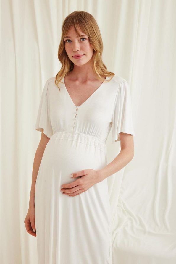 MONAMISE Lace Front Button Maternity Nightgown