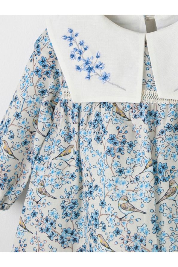 Maya And Luca Bloomy Spring Long Sleeve Embroidered Blue Dress