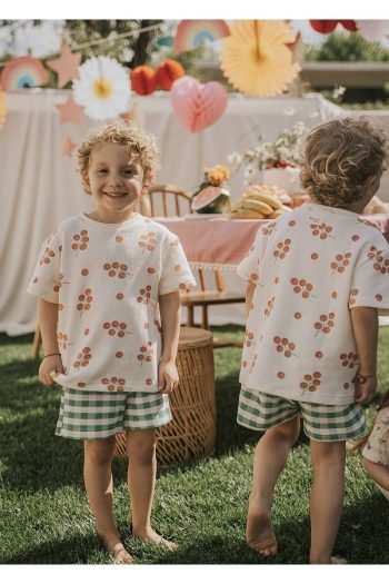 Cherry Kids Tomato Print T-Shirt and Checkered Shorts Set for Boys and Girls