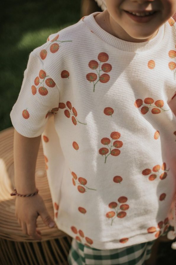 Cherry Kids Tomato Print T-Shirt and Checkered Shorts Set for Boys and Girls
