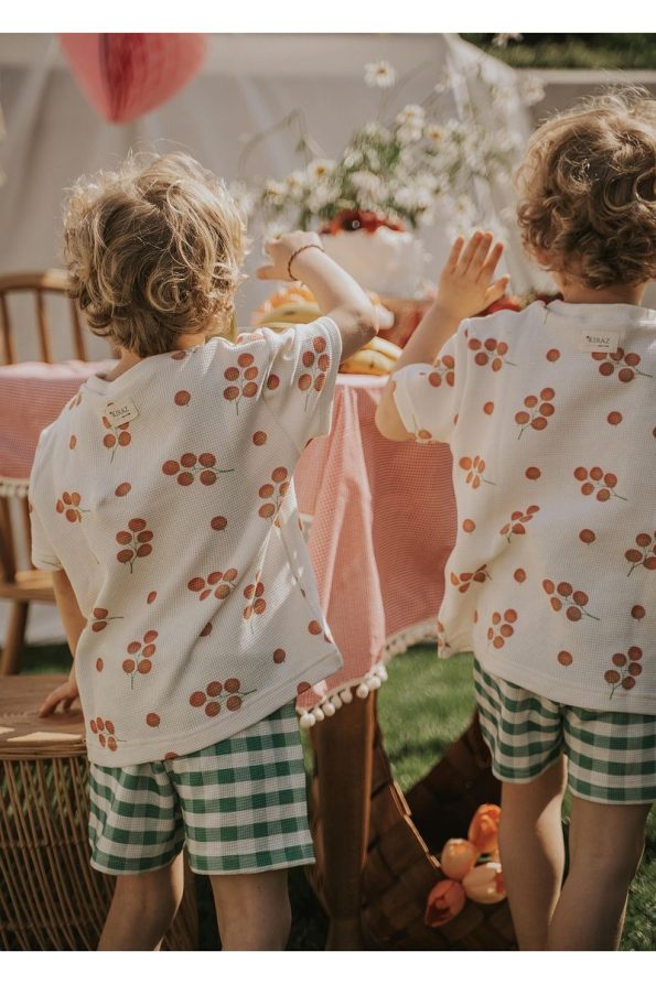 Cherry Kids Tomato Print T-Shirt and Checkered Shorts Set for Boys and Girls