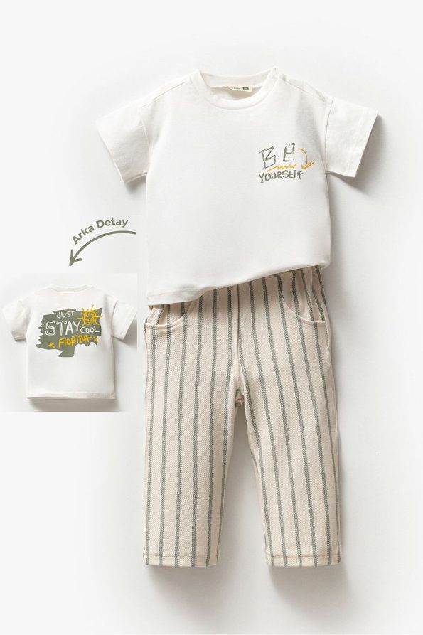 Jikko Baby Boys' Summer 2-Piece Set with Printed T-Shirt and Striped Pants