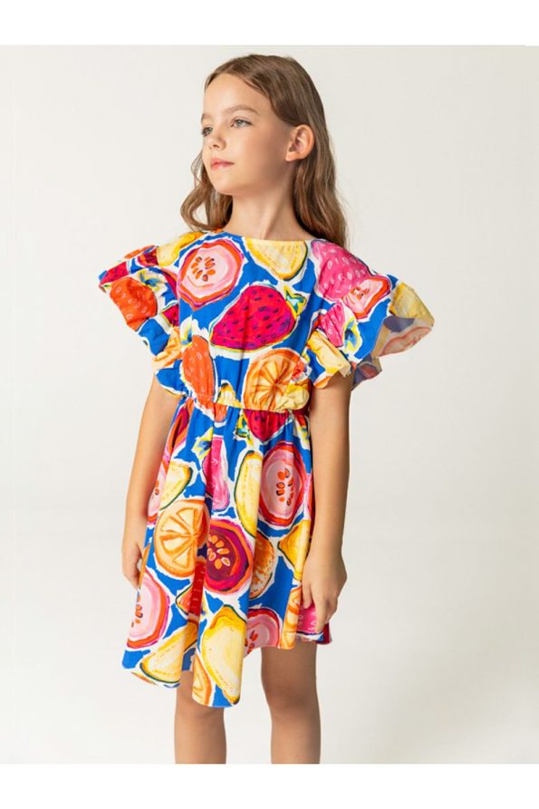 SheShe Patterned Cotton Girls' Dress with Elastic Waist