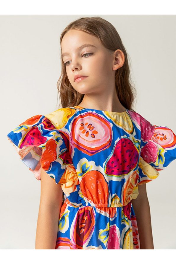 SheShe Patterned Cotton Girls' Dress with Elastic Waist