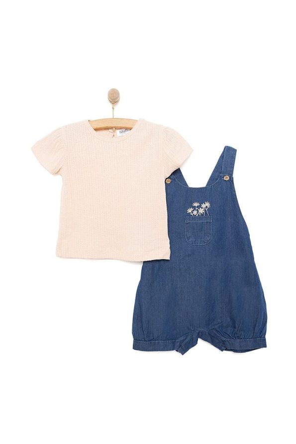 Bebetto Newborn Tıny Flowers Denim Shorts Romper - T-Shirt Set for Baby Girls