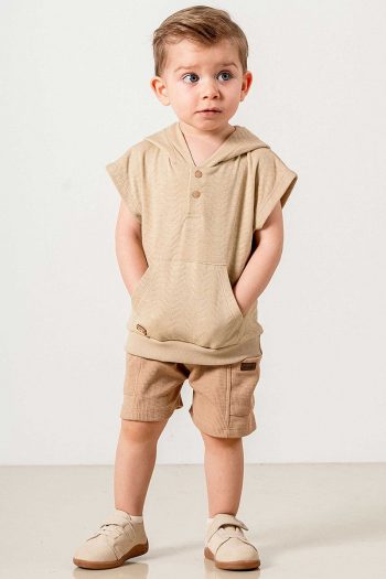 Baby and Kids Camel Hooded Cotton Shorts Set