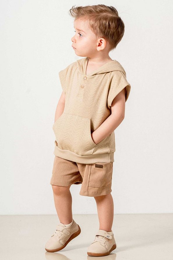 Baby and Kids Camel Hooded Cotton Shorts Set