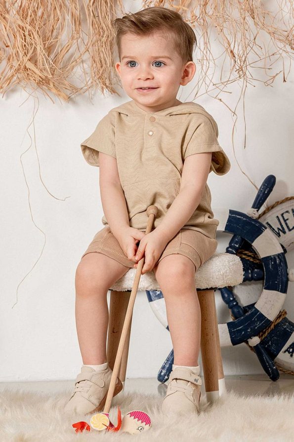 Baby and Kids Camel Hooded Cotton Shorts Set