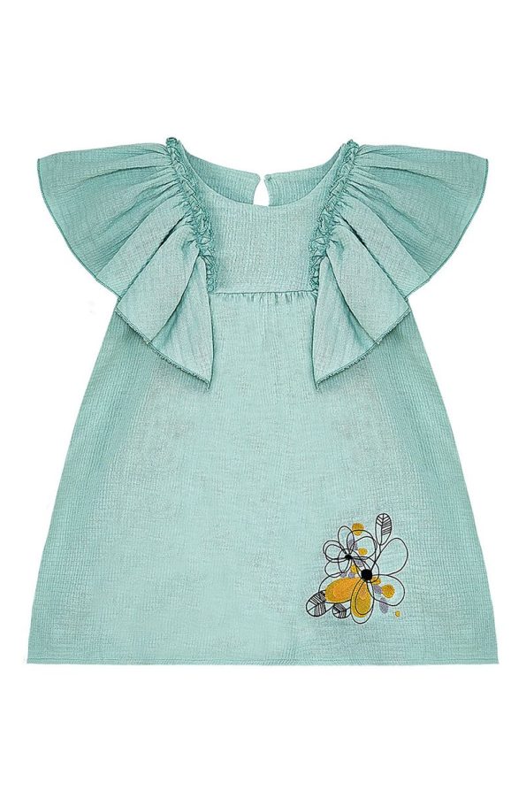 Denokids Floral Green Muslin Ruffled Summer Dress for Girls