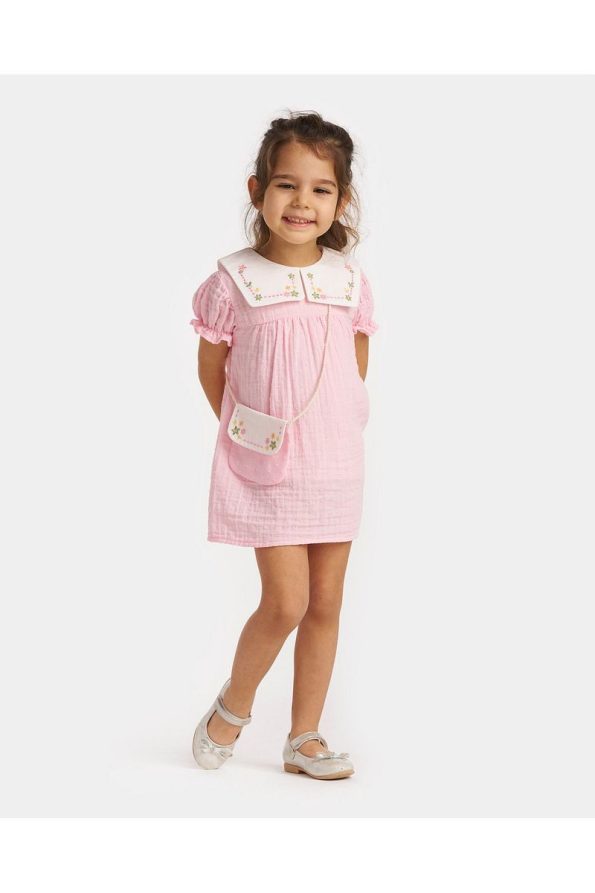 Minipodyum Embroidered Baby Collar Muslin Dress for Girls