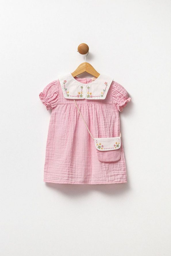 Minipodyum Embroidered Baby Collar Muslin Dress for Girls