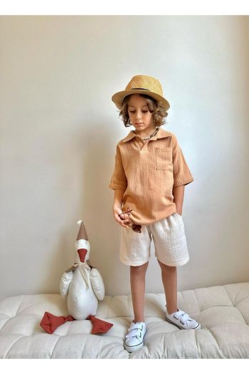 Yigit Boutique Muslin Fabric Shirt Collar Boys' Shorts Set