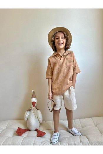 Yigit Boutique Muslin Fabric Shirt Collar Boys' Shorts Set