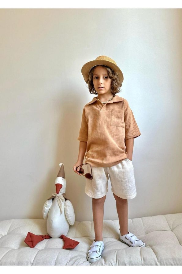 Yigit Boutique Muslin Fabric Shirt Collar Boys' Shorts Set