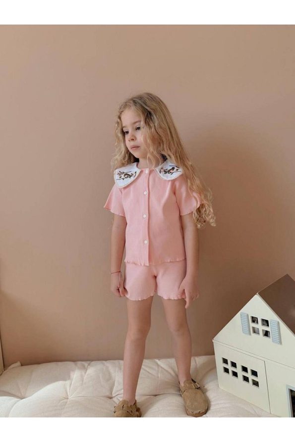 Yigit Boutique Ribbed Fabric Shirt Collar Short Set for Girls
