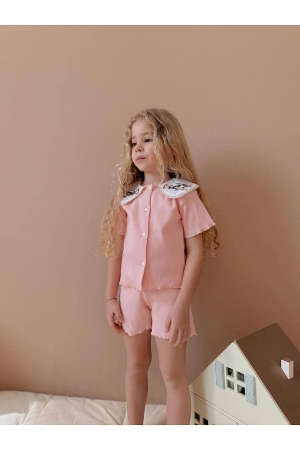 Yigit Boutique Ribbed Fabric Shirt Collar Short Set for Girls