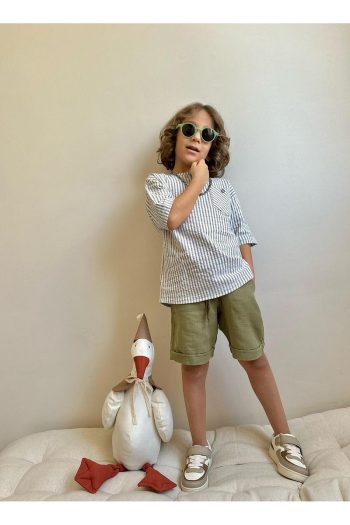 Yigit Boutique Gingham Fabric Mandarin Collar Boys' Short Set