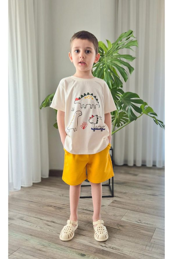 Pumpkin Dinosaur Friends Mustard Shorts and Stone T-Shirt Set for Boys
