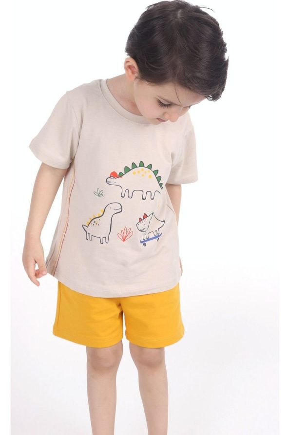 Pumpkin Dinosaur Friends Mustard Shorts and Stone T-Shirt Set for Boys