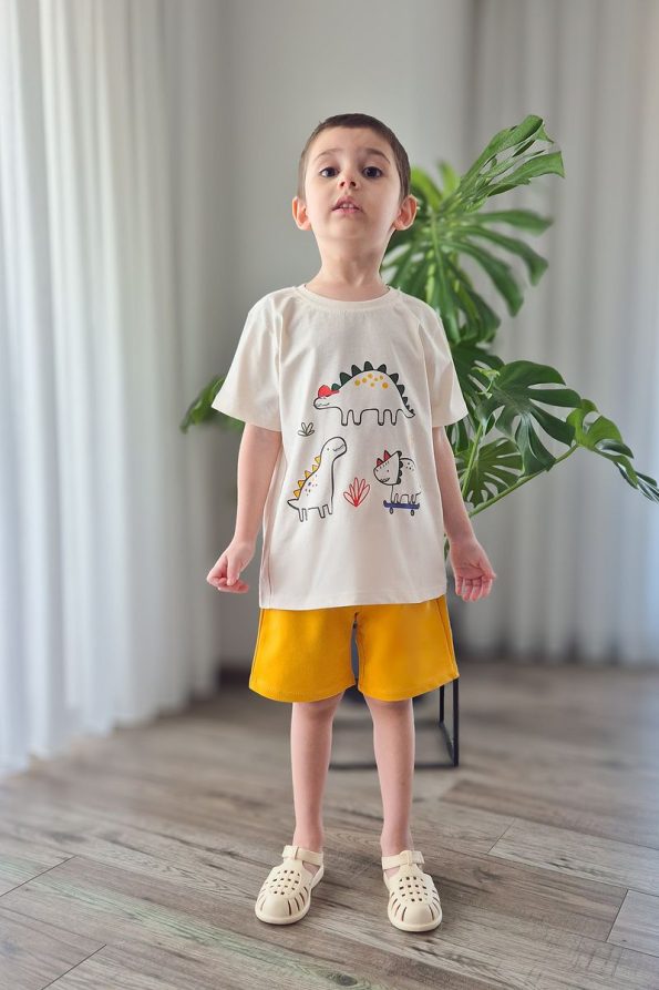 Pumpkin Dinosaur Friends Mustard Shorts and Stone T-Shirt Set for Boys