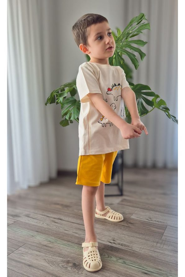 Pumpkin Dinosaur Friends Mustard Shorts and Stone T-Shirt Set for Boys