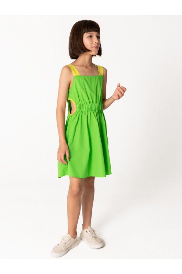 SheShe Yellow Strap Green Dress for Girls