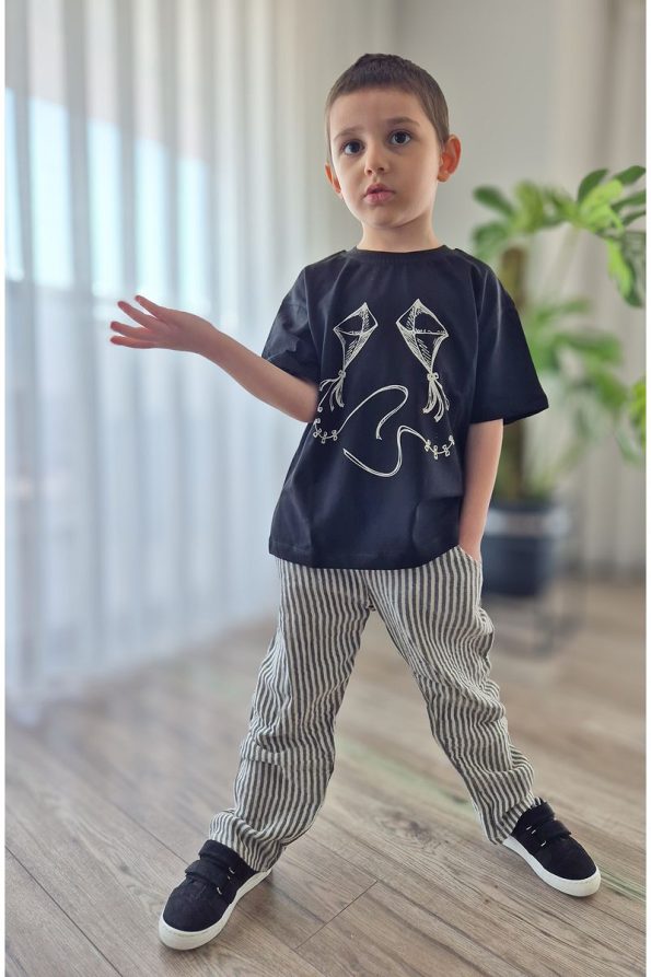 Pumpkin Kite Striped Muslin Pants and Black Oversized T-Shirt Set