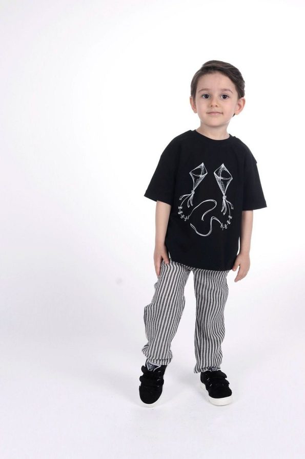 Pumpkin Kite Striped Muslin Pants and Black Oversized T-Shirt Set