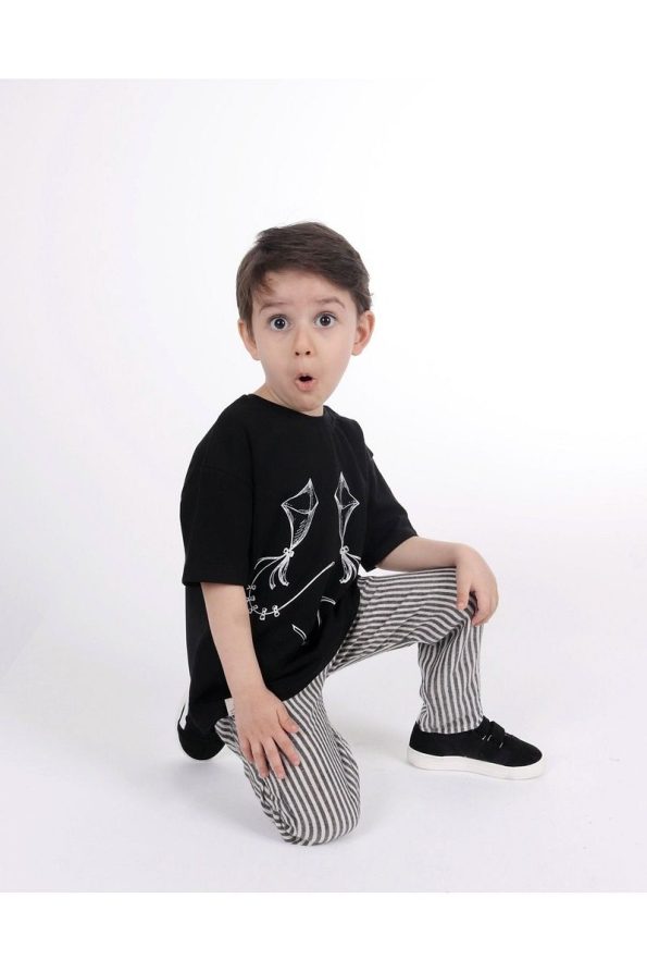 Pumpkin Kite Striped Muslin Pants and Black Oversized T-Shirt Set