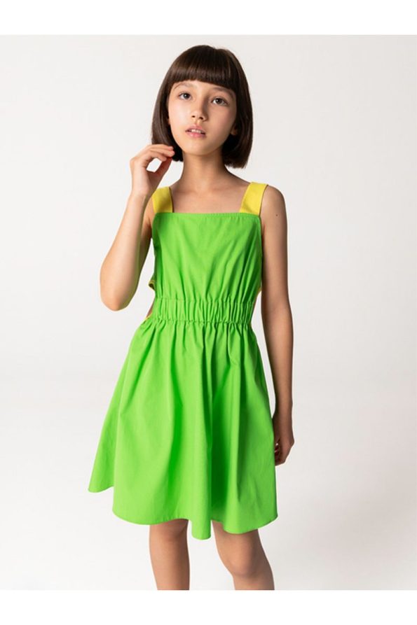 SheShe Yellow Strap Green Dress for Girls